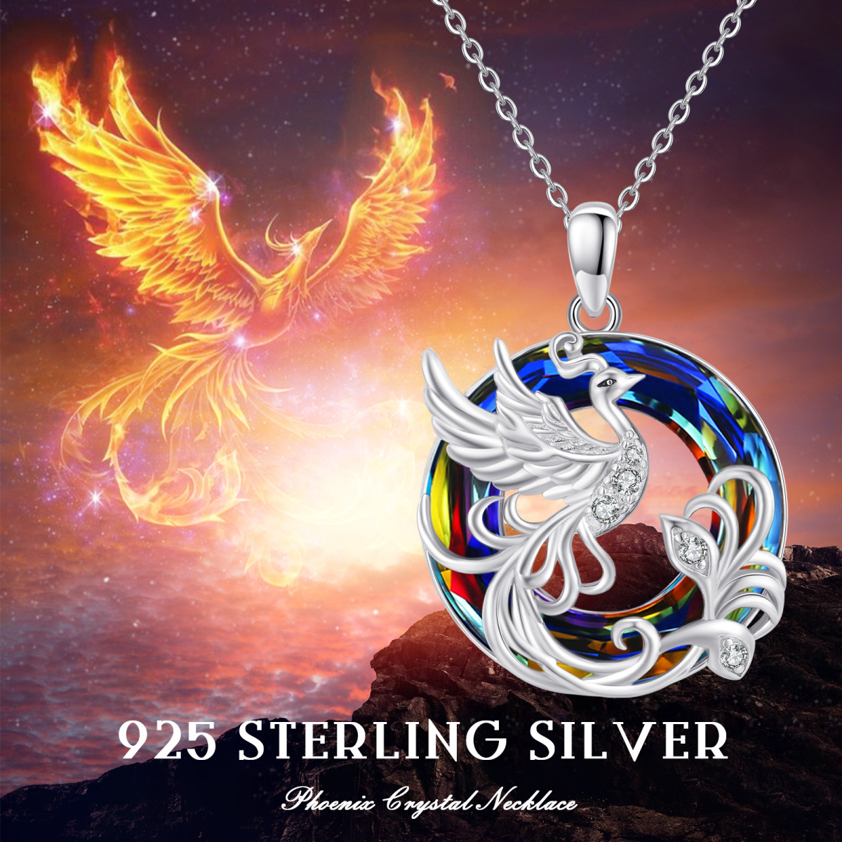 Sterling Silver Round Phoenix Crystal Pendant Necklace-5