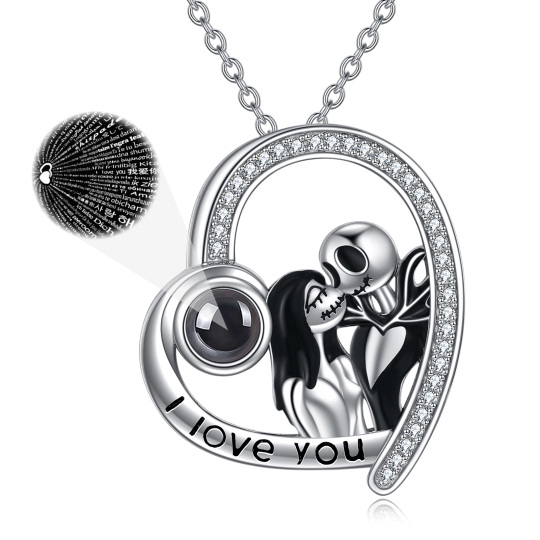 Sterling Silver Round Projection Stone Couple Pendant Necklace with Engraved Word