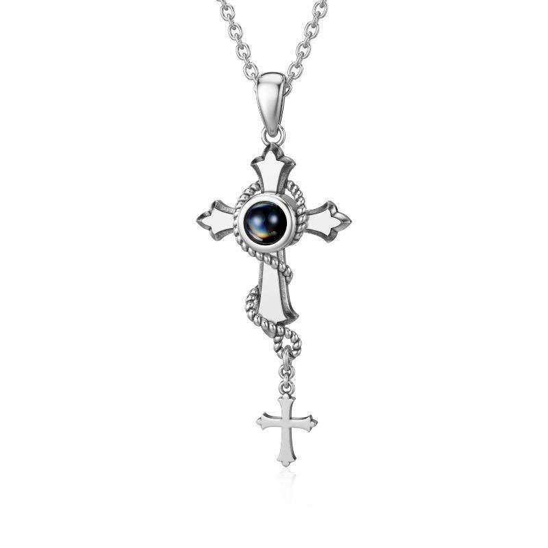 Sterling Silver Round Projection Stone Cross Pendant Necklace-3