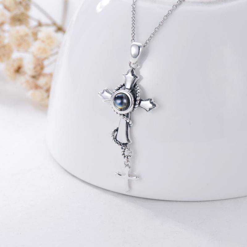 Collier avec pendentif croix en pierre de projection ronde en argent sterling-3