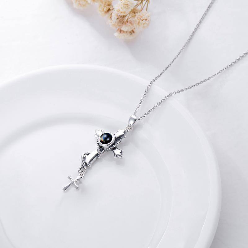 Collier avec pendentif croix en pierre de projection ronde en argent sterling-4