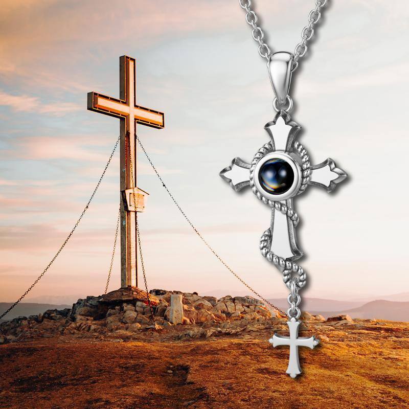 Collier avec pendentif croix en pierre de projection ronde en argent sterling-6