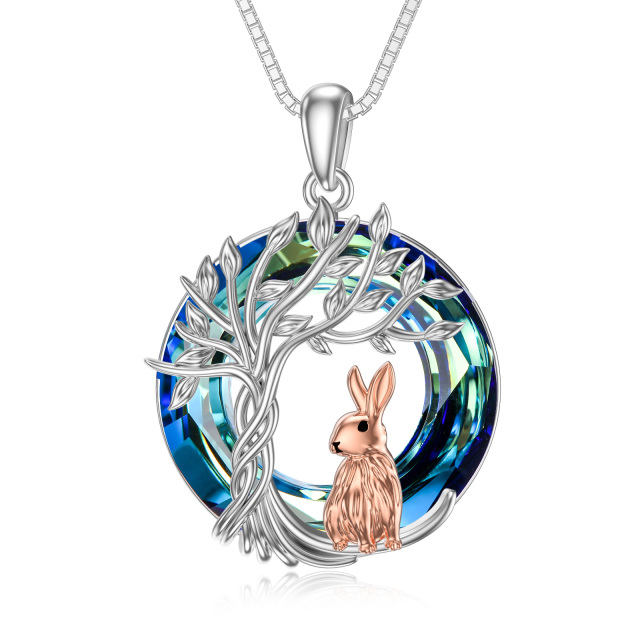 Sterling Silver Round Rabbit & Tree Of Life Crystal Pendant Necklace-1