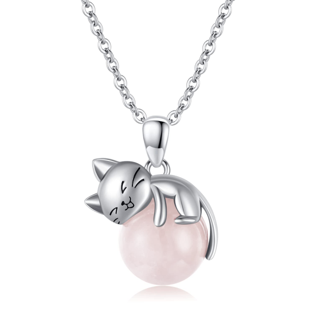 Sterling Silver Round Rose Quartz Cat Pendant Necklace-1