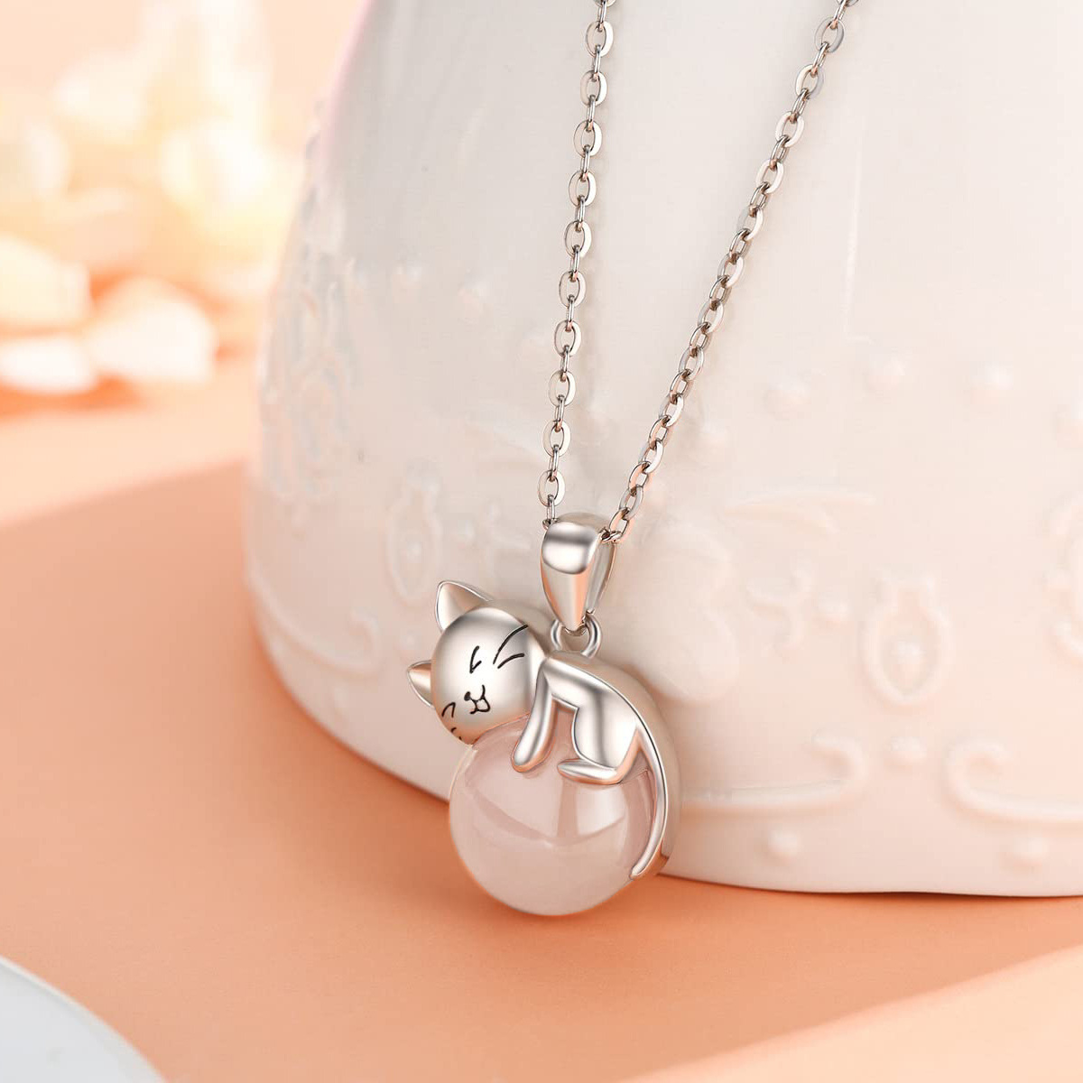 Sterling Silver Round Rose Quartz Cat Pendant Necklace-2