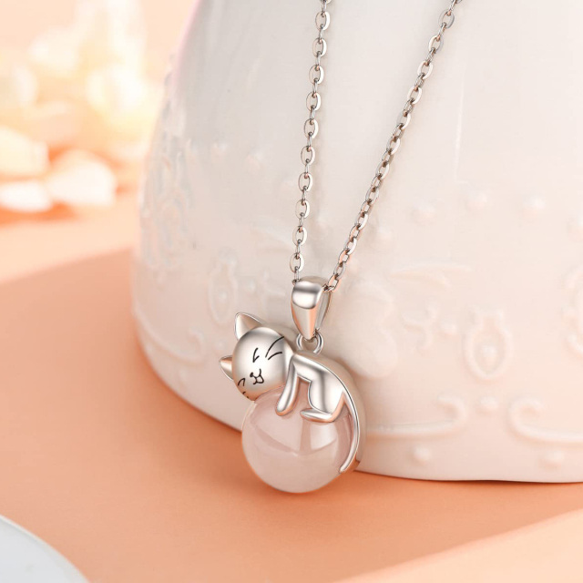 Collier en argent sterling avec pendentif chat en quartz rose rond-2