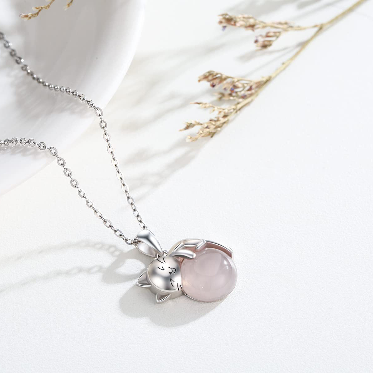 Collier en argent sterling avec pendentif chat en quartz rose rond-3