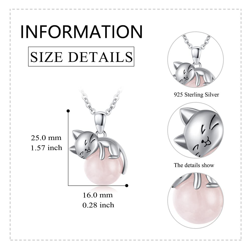 Sterling Silver Round Rose Quartz Cat Pendant Necklace-5