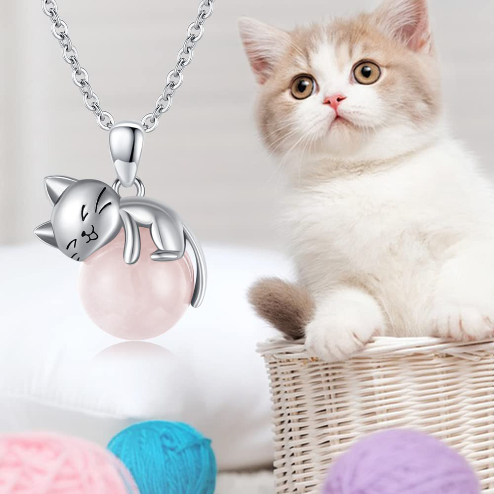 Sterling Silver Round Rose Quartz Cat Pendant Necklace-6