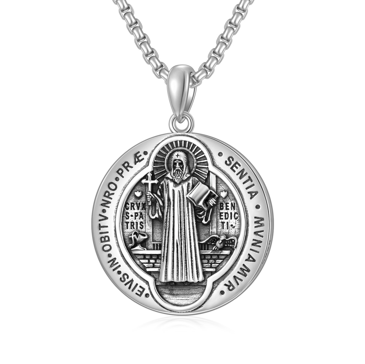 Sterling zilveren ronde Sint Benedictus hanger ketting voor mannen-1