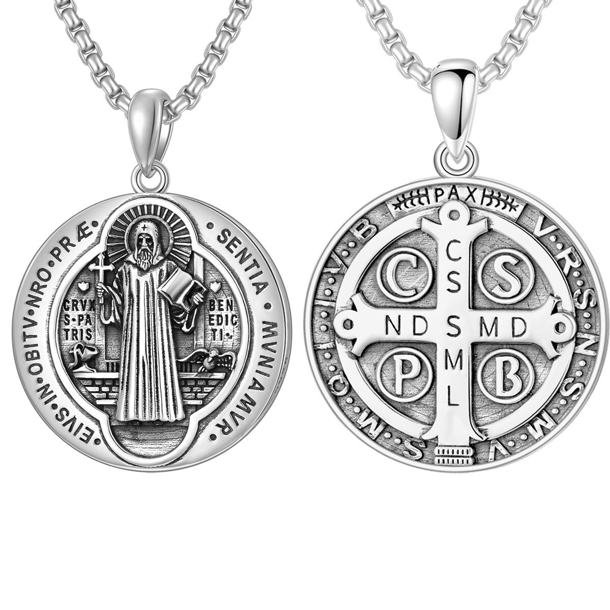 Sterling Silver Round Saint Benedict Pendant Necklace for Men-4