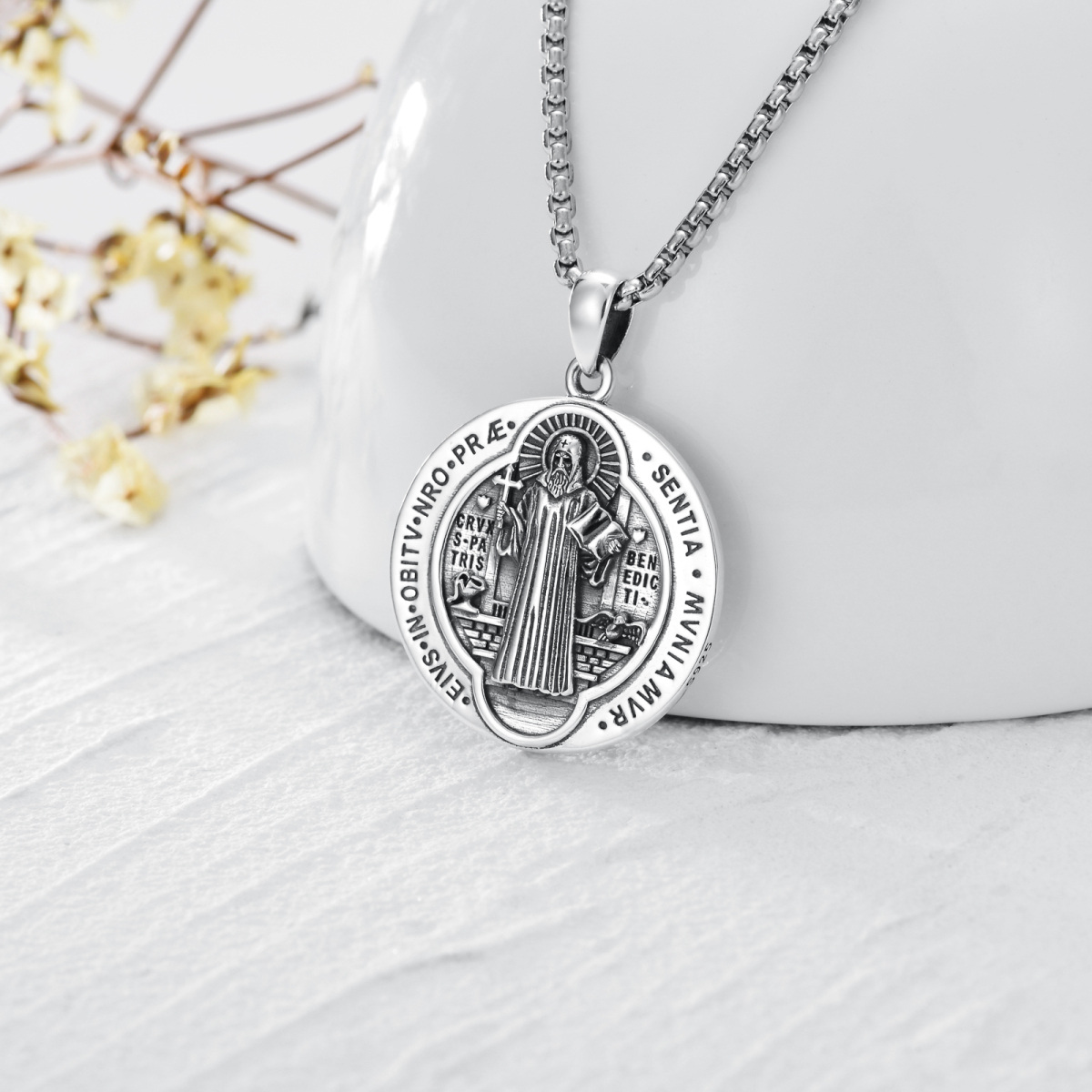 Sterling Silver Round Saint Benedict Pendant Necklace for Men-5