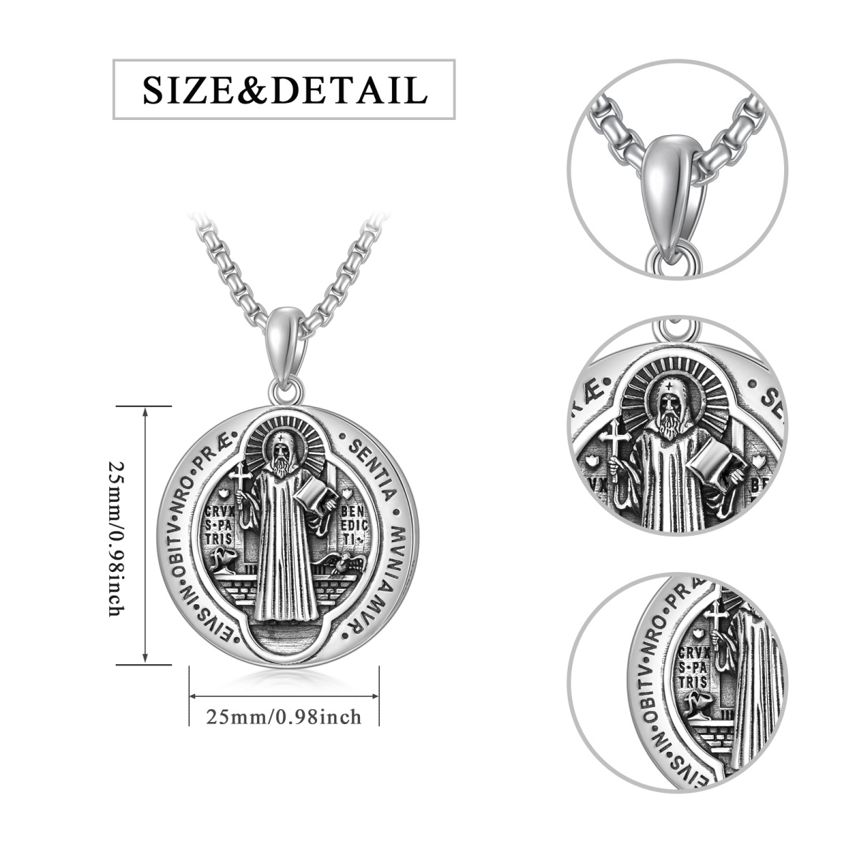 Sterling zilveren ronde Sint Benedictus hanger ketting voor mannen-7