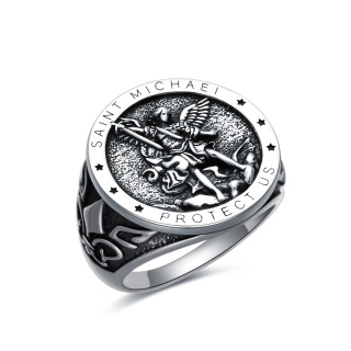 Sterling Silver Round Saint Michael Signet Ring with Engraved Word for Men-29