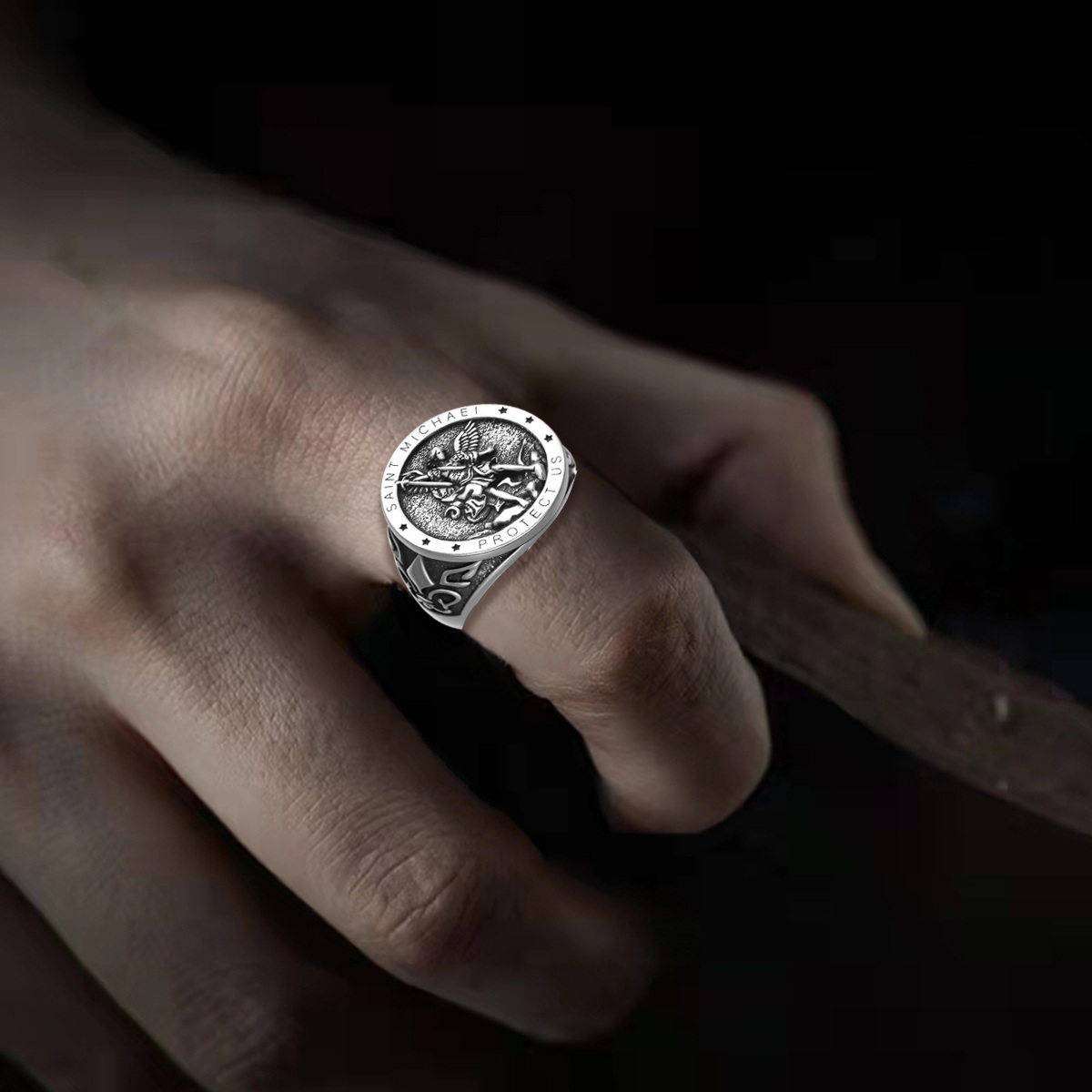 Sterling Silver Round Saint Michael Signet Ring with Engraved Word for Men-2