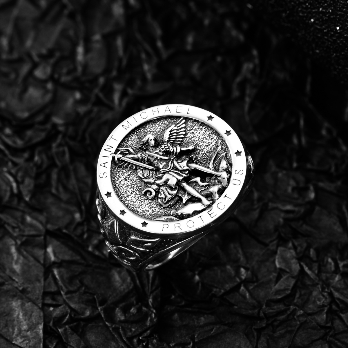 Sterling Silver Round Saint Michael Signet Ring with Engraved Word for Men-3