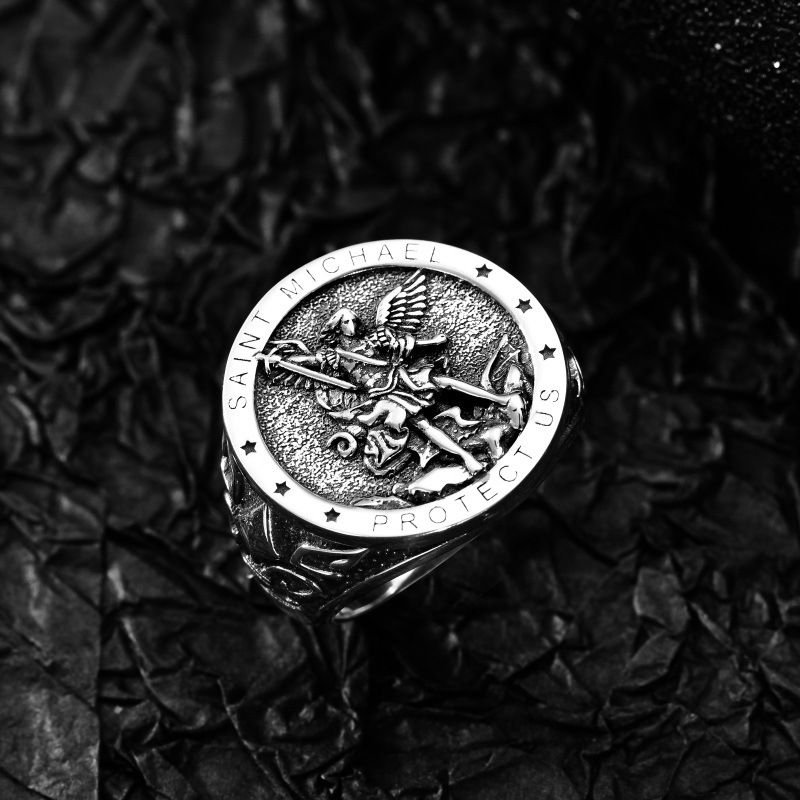 Chevalière ronde en argent sterling avec inscription Saint Michel gravée pour homme-3