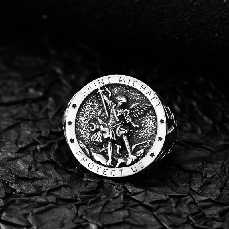 Chevalière ronde en argent sterling avec inscription Saint Michel gravée pour homme-4