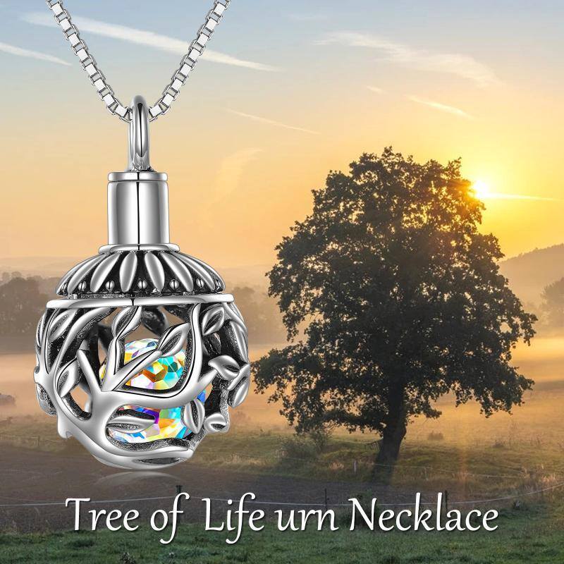 Sterling Silver Round Shaped Crystal Tree Of Life Ball Locket Urn Necklace for Ashes-5