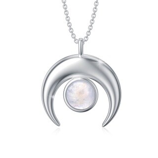 Sterling Silver Round Shaped Moonstone Crescent Moon Pendant Necklace-43