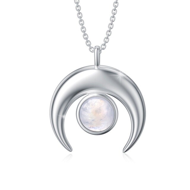 Sterling Silver Round Shaped Moonstone Crescent Moon Pendant Necklace-4