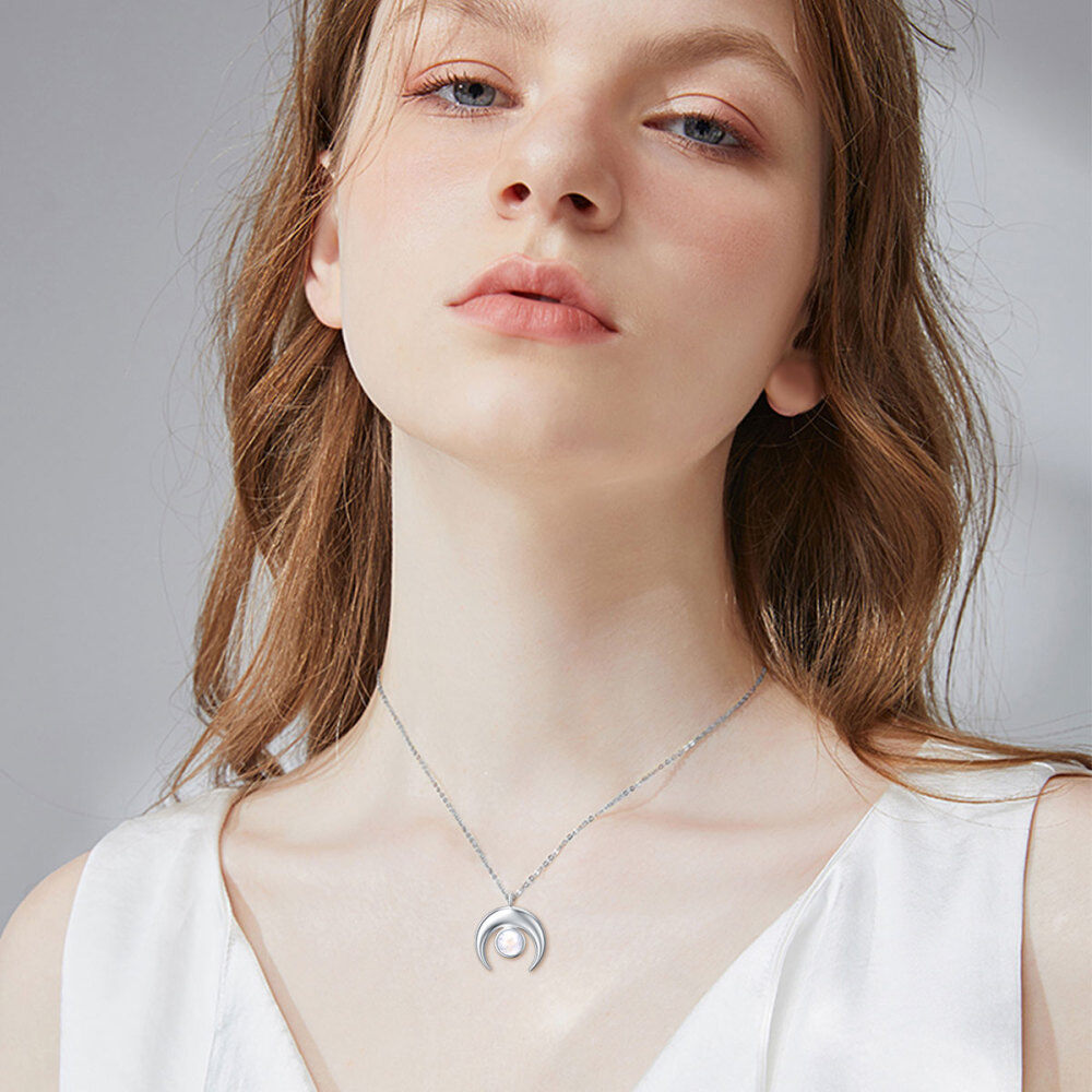 Sterling Silver Round Shaped Moonstone Crescent Moon Pendant Necklace-2