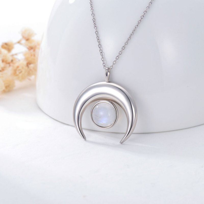 Sterling Silver Round Shaped Moonstone Crescent Moon Pendant Necklace-3