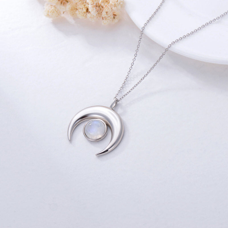 Sterling Silver Round Shaped Moonstone Crescent Moon Pendant Necklace-4