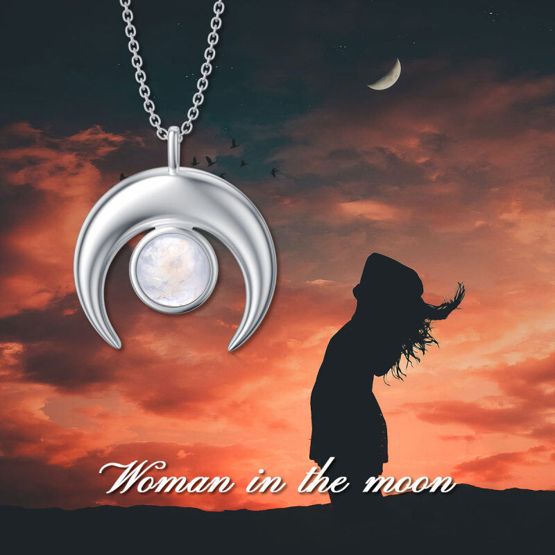 Sterling Silver Round Shaped Moonstone Crescent Moon Pendant Necklace-5
