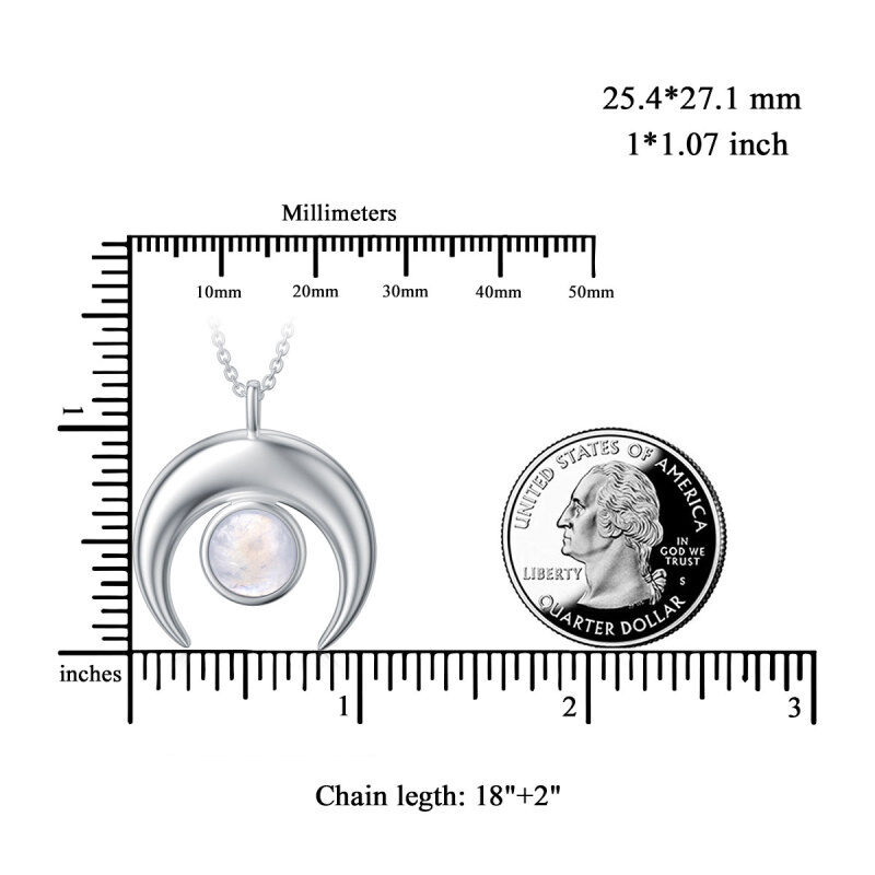 Sterling Silver Round Shaped Moonstone Crescent Moon Pendant Necklace-6