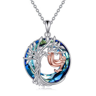 Sterling Silver Round Sloth & Tree Of Life Crystal Pendant Necklace-11