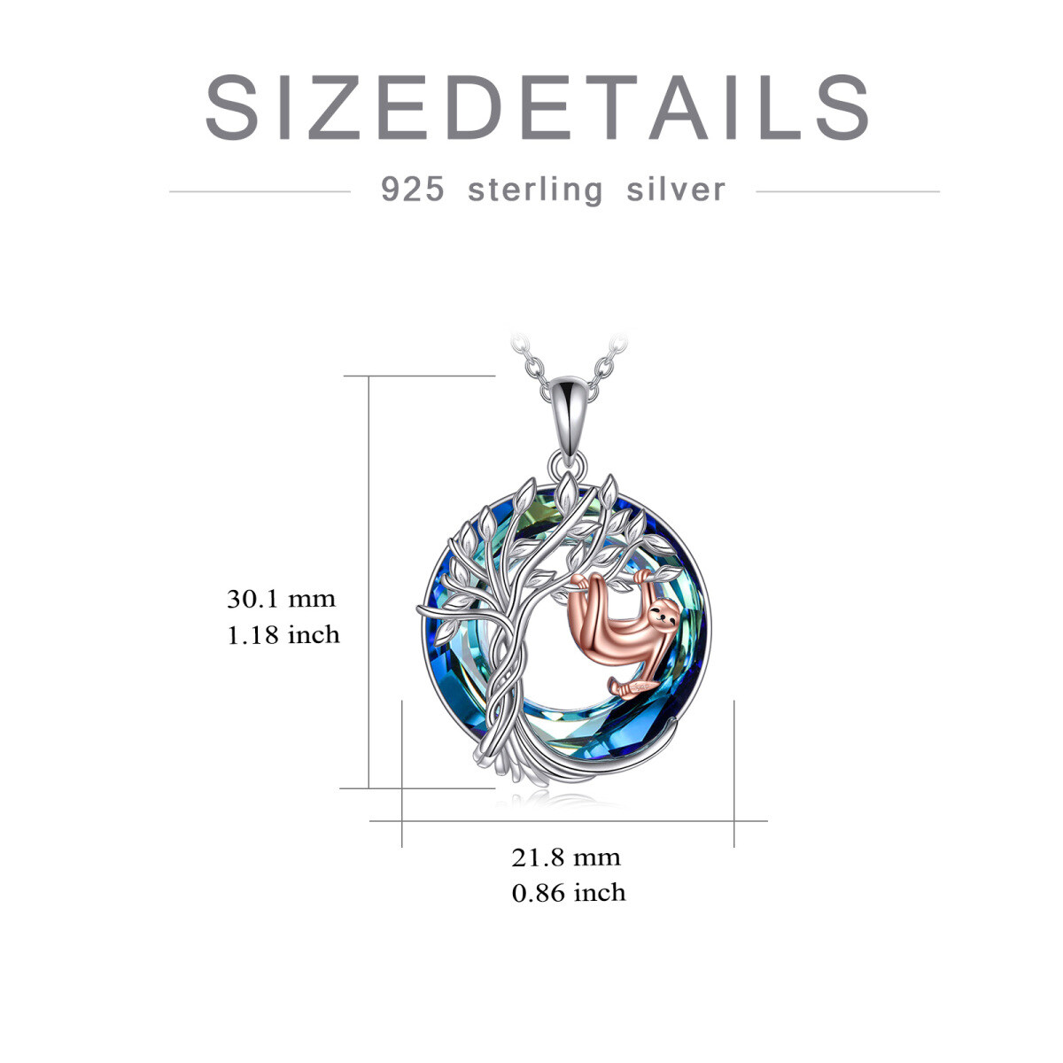 Sterling Silver Round Sloth & Tree Of Life Crystal Pendant Necklace-3