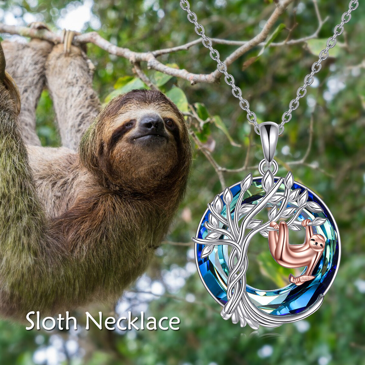 Collar de plata de ley con colgante redondo de cristal de perezoso y árbol de la vida-4