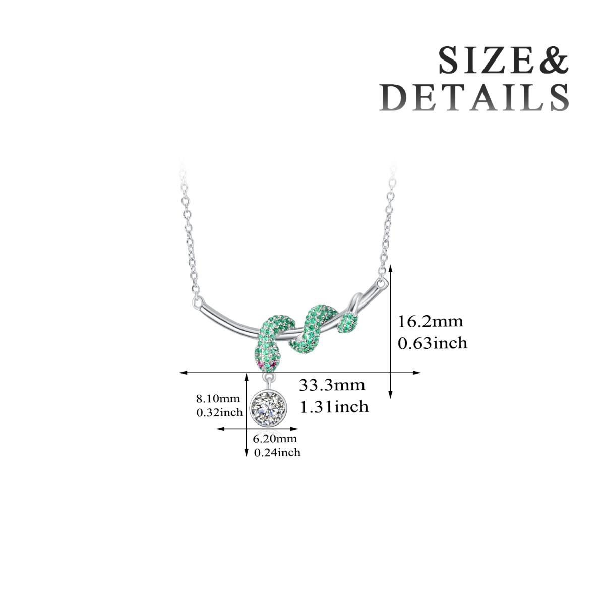 Sterling Silver Round Cubic Zirconia Snake Pendant Necklace-3