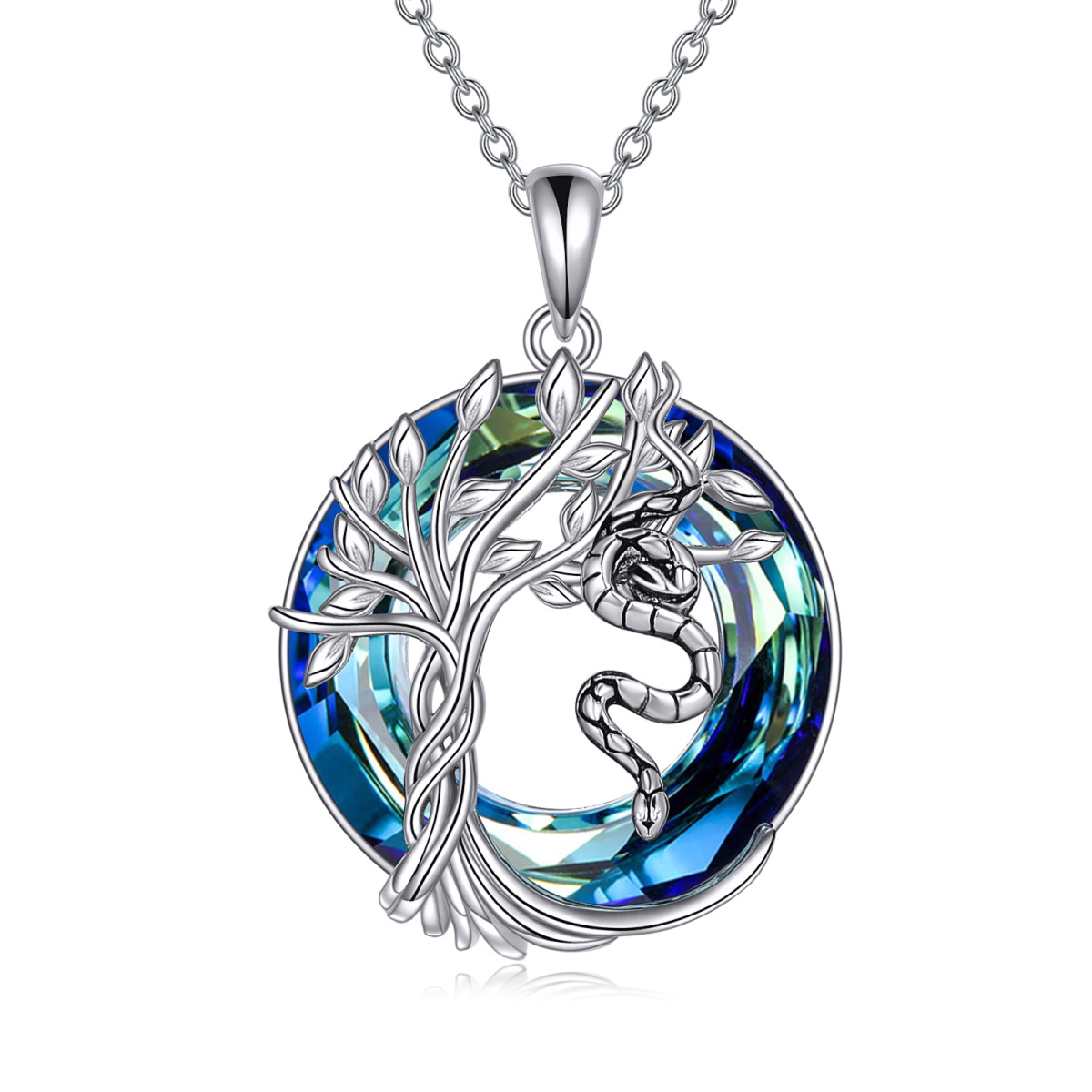 Sterling Silver Round Snake & Tree Of Life Crystal Pendant Necklace-1