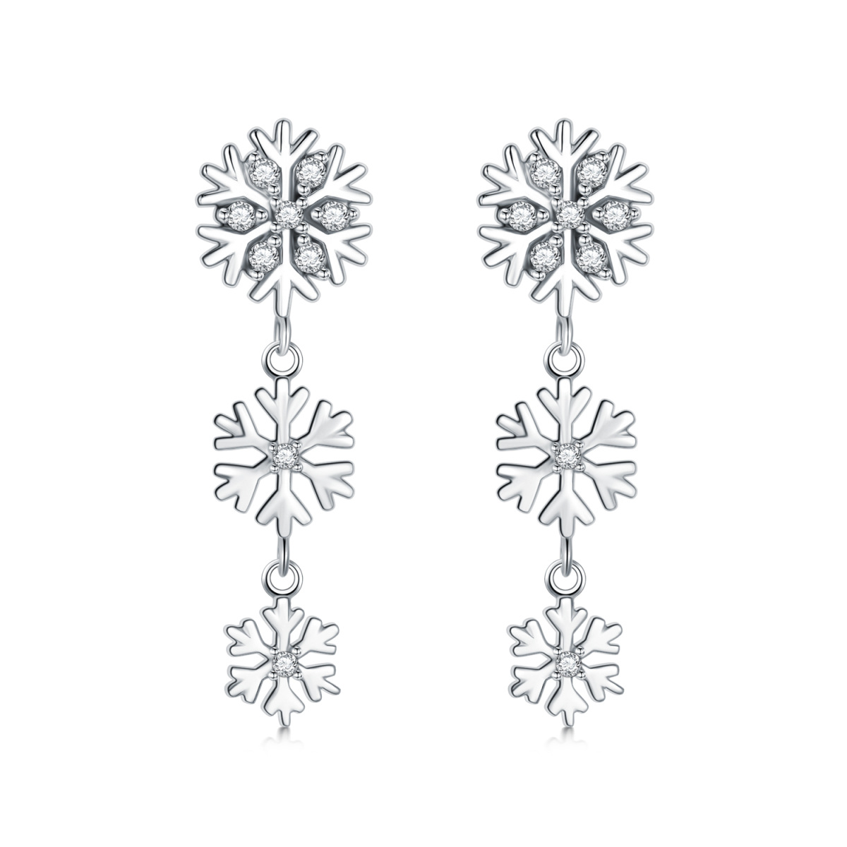 Sterling Silver Round Cubic Zirconia Snowflake Drop Earrings-1