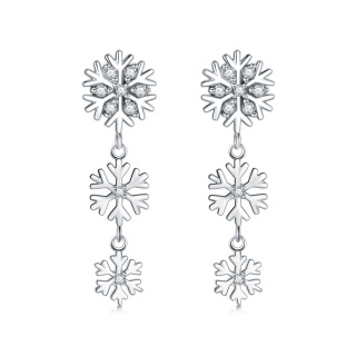 Sterling Silver Round Cubic Zirconia Snowflake Drop Earrings-22