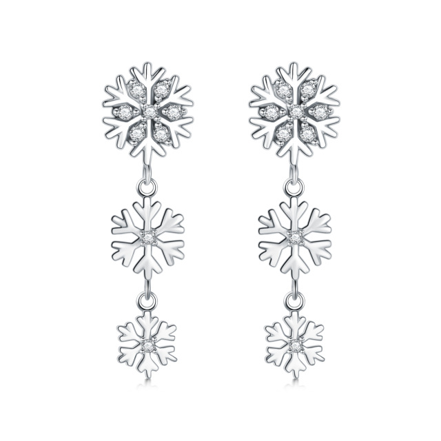 Sterling Silver Round Cubic Zirconia Snowflake Drop Earrings-1