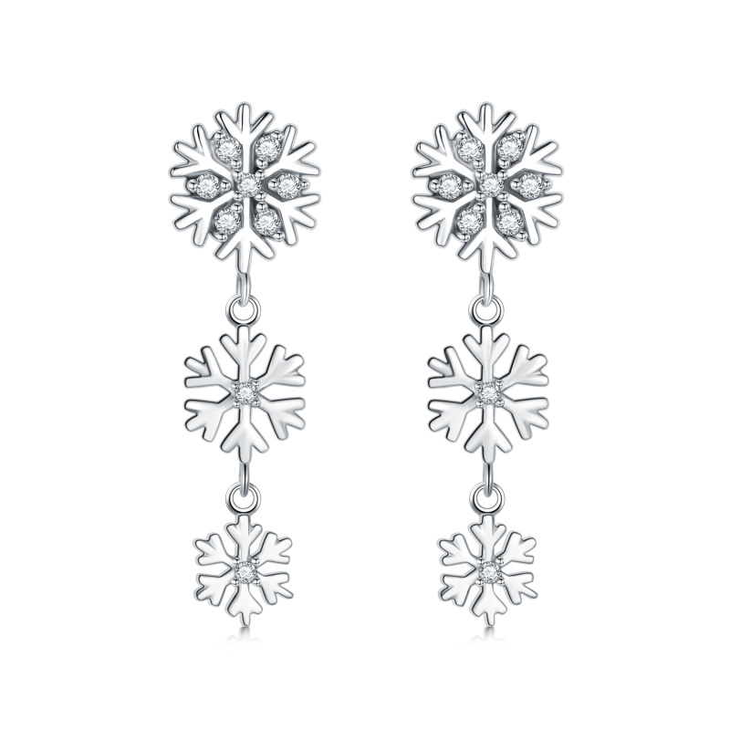 Sterling Silver Round Cubic Zirconia Snowflake Drop Earrings