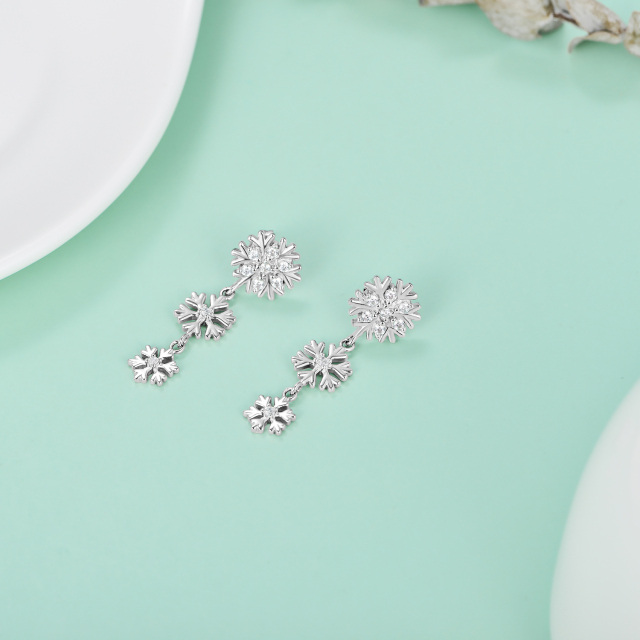 Sterling Silver Round Cubic Zirconia Snowflake Drop Earrings-4