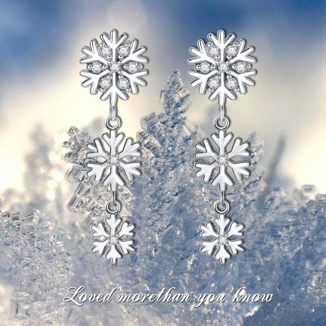 Sterling Silver Round Cubic Zirconia Snowflake Drop Earrings-5