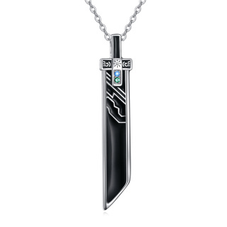 Sterling Silver Round Cubic Zirconia Sword Pendant Necklace for Men-4