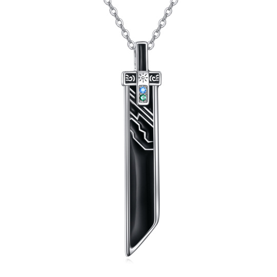 Sterling Silver Round Cubic Zirconia Sword Pendant Necklace for Men