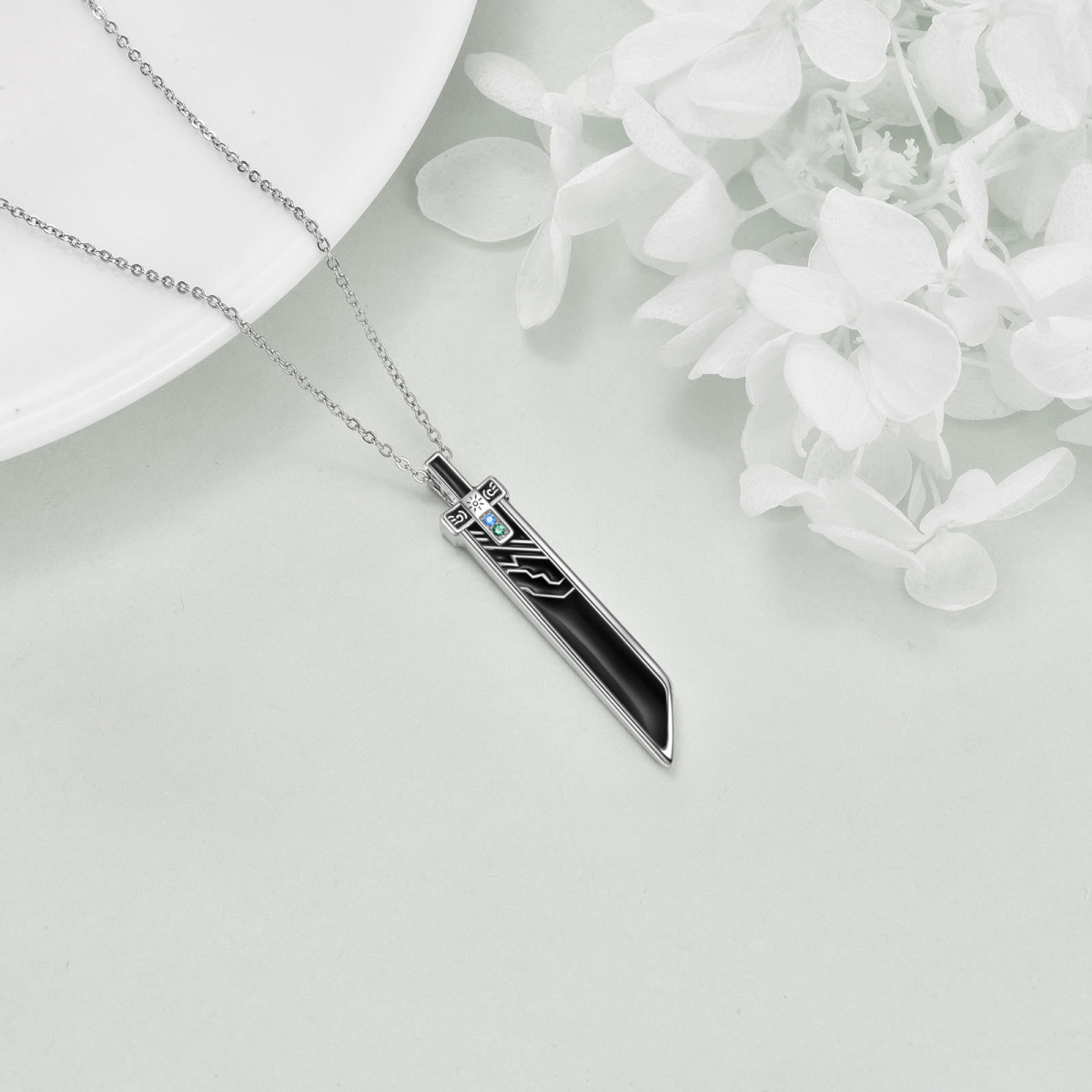 Sterling Silver Round Cubic Zirconia Sword Pendant Necklace for Men-5