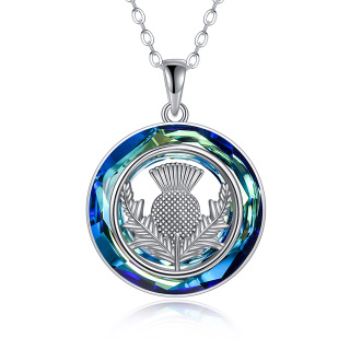 Sterling Silver Round Thistle Crystal Pendant Necklace-3