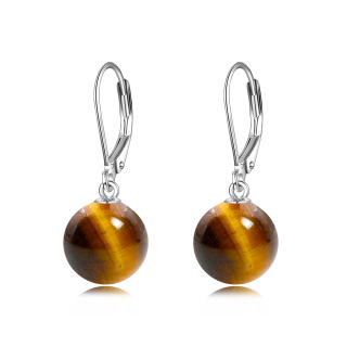 Sterling Silver Round Tiger'S Eye Lever-Back Earrings For Women-3