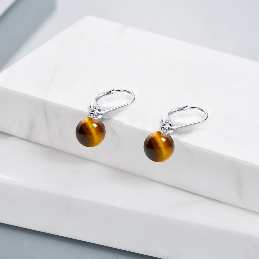 Sterling Silver Round Tiger'S Eye Lever-Back Earrings For Women-4