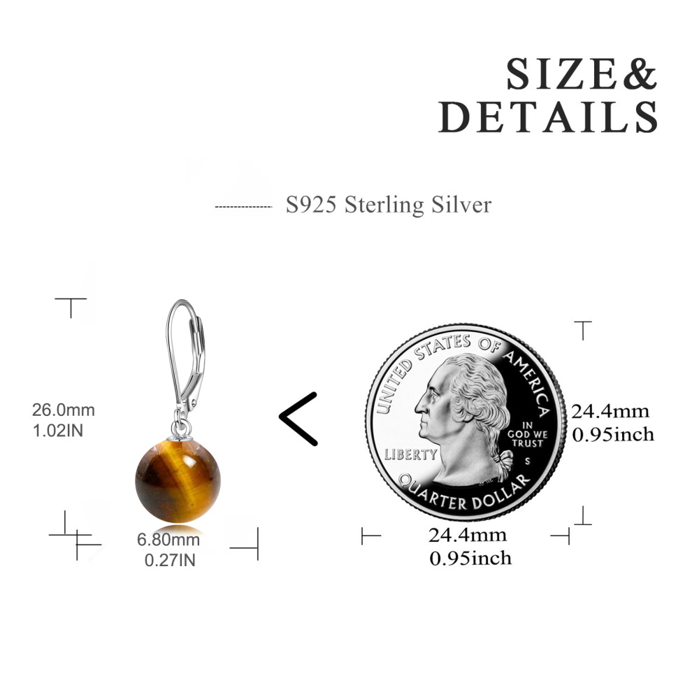 Sterling Silver Round Tiger'S Eye Lever-Back Earrings For Women-5