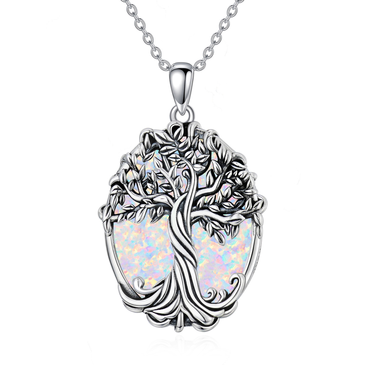 Sterling Silver Round Tree Of Life Crystal Pendant Necklace-1