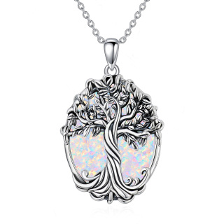 Sterling Silver Round Tree Of Life Crystal Pendant Necklace-15